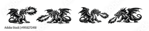 Black and white vector illustrations of fire-breathing dragon silhouettes in various poses