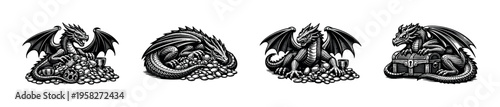 Black and white dragon silhouette with treasure elements vector art