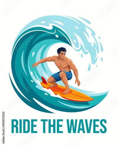 An energetic depiction of a surfer maneuvering on powerful ocean waves, capturing the thrill of adventure, sports, and the beauty of the natural water element in action.