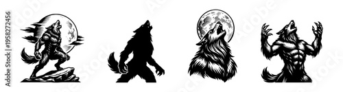 Werewolf illustrations set howling at moon silhouette vector elements