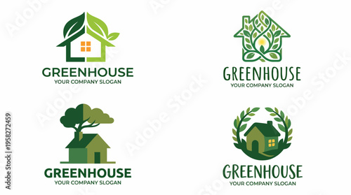 This logo showcases a green house design with elements of nature such as leaves and windows, emphasizing sustainability and environmental consciousness in a modern style.