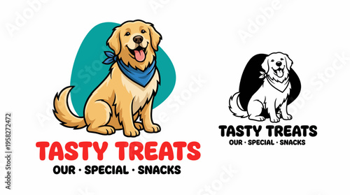 This logo features a cheerful golden retriever with a playful expression, symbolizing joy and companionship, ideal for a pet treats brand targeting dog lovers.