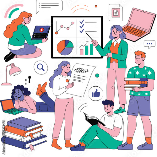Diverse students collaborating on educational tasks in vector illustration