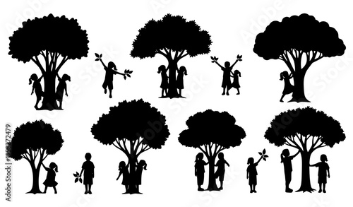 Playful children tree silhouettes dynamic kids climbing jumping and exploring nature vector illustration