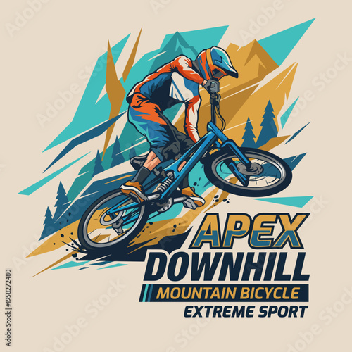 This dynamic illustration features a mountain biker performing a downhill stunt, emphasizing the thrill and excitement of extreme sports in a vibrant, artistic style.