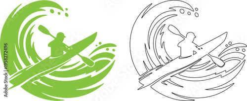 Green and black kayak silhouette with wave