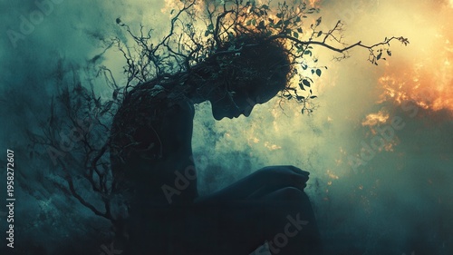 Nature spirit becoming tree, human body transforming into branches and leaves representing interconnectedness and ecology