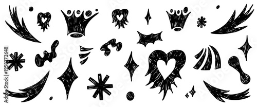 Chalk or charcoal trinkets set. Pencil and marker crown with organic handmade arrow. Form abstract irregular and naive shape with twinkle crayon. Funky vector trinket blink, sparkle scribbles isolated