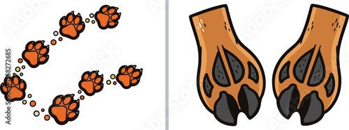 This vector illustration features a curved trail of orange paw prints on the left and a pair of detailed, tan-colored animal paws with black pads and claws on the right.