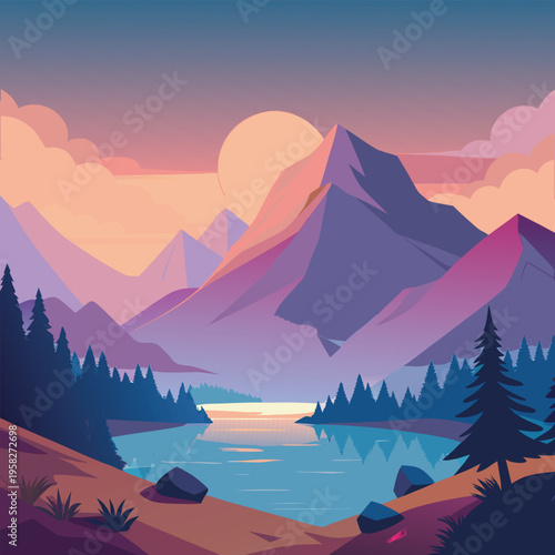 Stunning mountain landscape illustration with serene lake reflection
