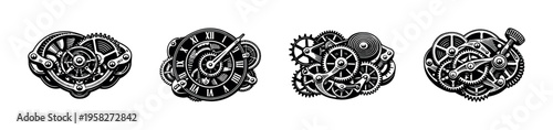 Intricate clockwork mechanism illustrations, mechanical gear elements in black and white vector silhouette