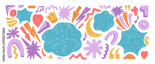 Kids text boxes stickers crayon background. Geometric and organic abstract figures hand drawn scribbles set. Music note, asterisk, stars, heart stickers. Vector illustration isolated no background.