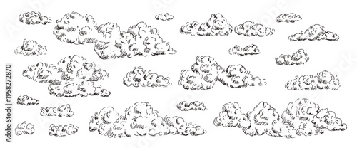 Monochrome cloud sketch with vintage pen lines, retro hatching. Windy sky pen drawing. Vector illustration perfect for nature-themed design project graphics. Cloudy sky set isolated on white bg.