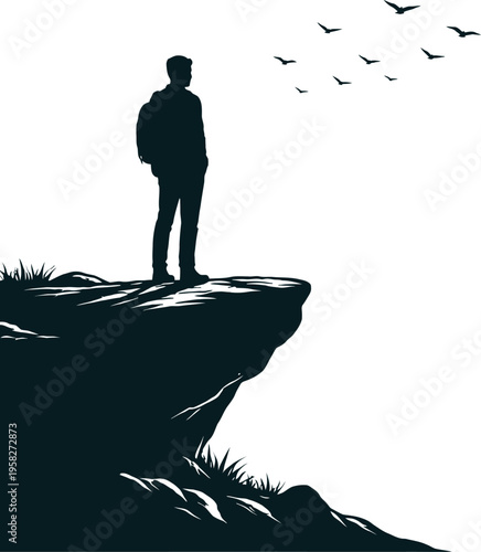 Man standing on cliff edge looking at flying birds