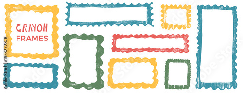Playful wavy-edge picture border with crayon squiggle pattern, perfect for kids designs, invitations, text boxes and decorative background. Vector callouts and promo badges on transparent background.