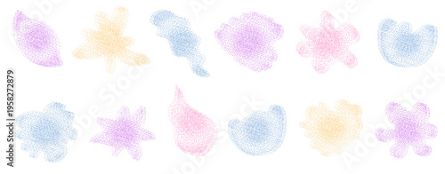 Flower, leaves grainy and blurry gradient shape. Gentle florals set with soft blur dissolved with pastel colors. Organic sand noise icons for y2k design. Vector grainy wildflowers figures on white.