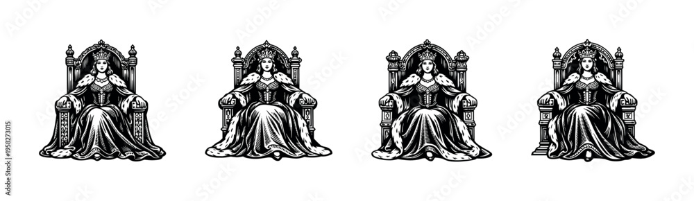 Fototapeta premium Vector illustration of a queen on ornate throne, black and white silhouette, regal theme, illustration
