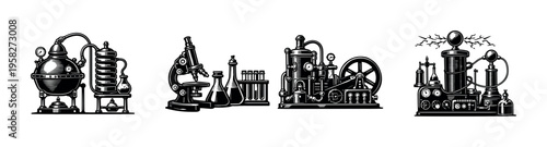Vintage scientific equipment illustrations, black and white vector elements, steampunk style