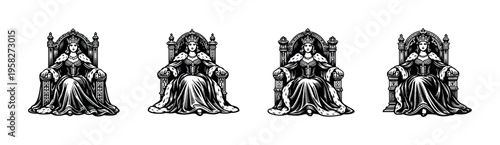 Vector illustration of a queen on ornate throne, black and white silhouette, regal theme, illustration