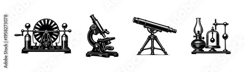 Vintage scientific instruments vector illustration with microscope telescope and electrical device silhouettes