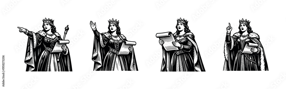 Fototapeta premium Black and white vector silhouette of medieval queen illustrations with scrolls and crown