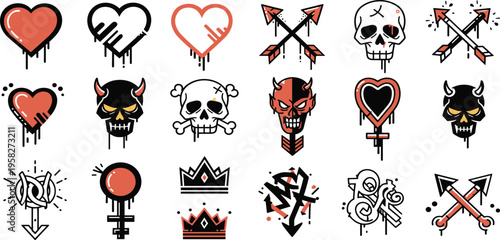 Bold Tattoo-Inspired Collection Featuring Hearts, Skulls, Arrows, and Crowns for Vintage, Gothic, and Punk Design Projects