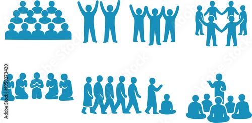 A collection of blue human icons representing different group interactions
