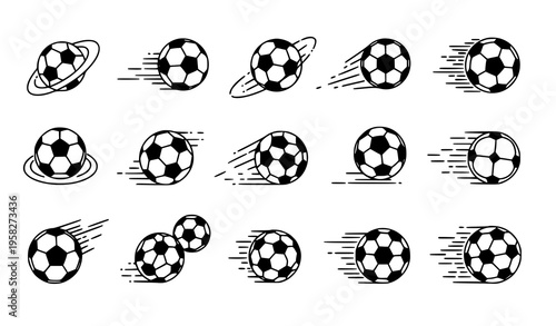 Soccer ball icon set with dynamic flying motion and different panel styles flat vector illustration collection