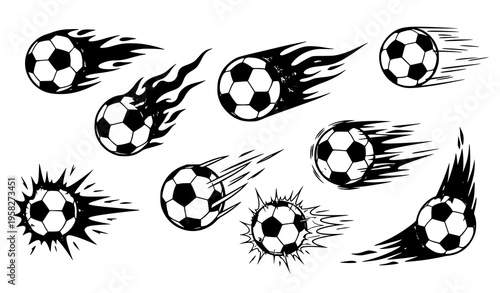 Cartoon soccer ball icons with motion effects fire trails and speed lines fun football vector illustration set