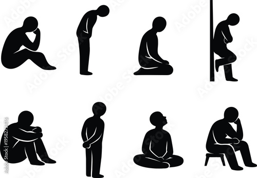A set of black silhouette icons depicting various human poses