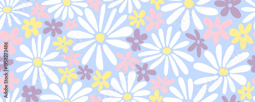 Seamless pattern with groovy daisy flowers on blue. Hippie retro style floral print. Great for fabric, textiles, wrapping paper