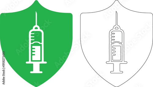 Green and white shield with syringe silhouette