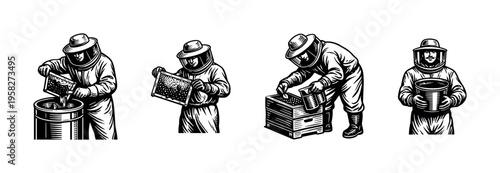 Beekeepers in protective gear processing honey black and white vector silhouette illustration
