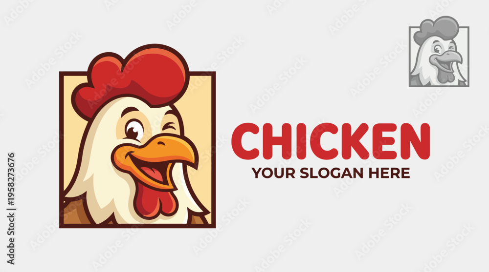 Fototapeta premium This vibrant image features a cheerful chicken character with a bright smile and red comb, perfect for conveying a fun and engaging vibe in food-related themes.