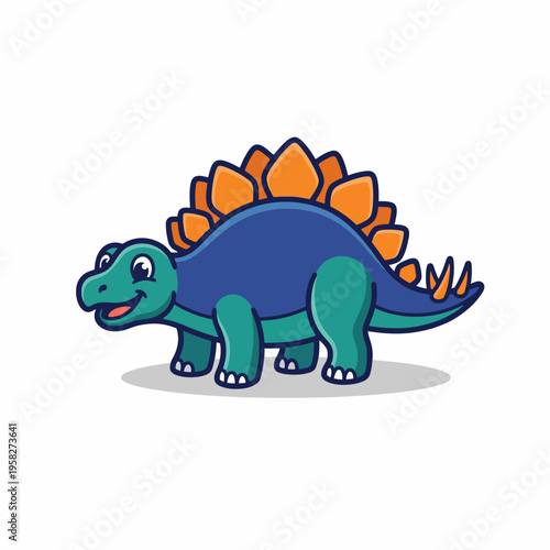 A cheerful cartoon stegosaurus stands playfully with bright colors, showcasing the joy and innocence of childhood while evoking a sense of wonder about dinosaurs.