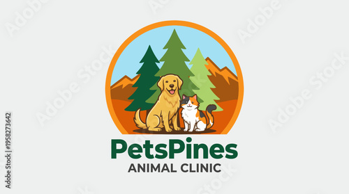 The PetsPines Animal Clinic logo depicts a loving golden retriever and a friendly cat, symbolizing care, trust, and companionship for pets in a warm, welcoming environment.