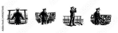 Nautical black and white illustrations of sea captain in various poses, vector artwork