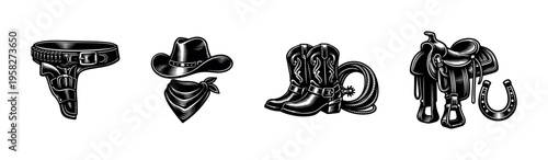 Western cowboy accessories silhouette vector illustration of hat boots saddle bandana