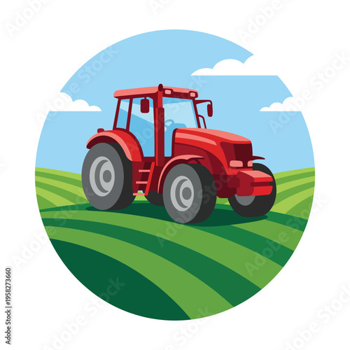 A colorful illustration depicts a red tractor in a picturesque landscape of rolling green fields, showcasing agriculture's beauty and the tranquility of rural life.