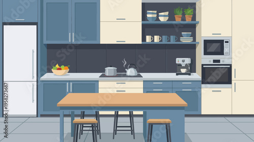 This contemporary kitchen showcases sleek cabinetry, stylish decor, and functional design elements, reflecting a modern lifestyle focused on aesthetics and practicality in home cooking.