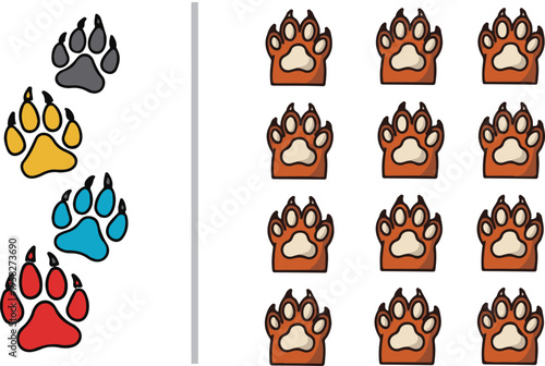 This vector graphic displays a vertical line of colorful paw prints (grey, yellow, blue, red) on the left and a neat grid of twelve orange-and-tan paw prints on the right.