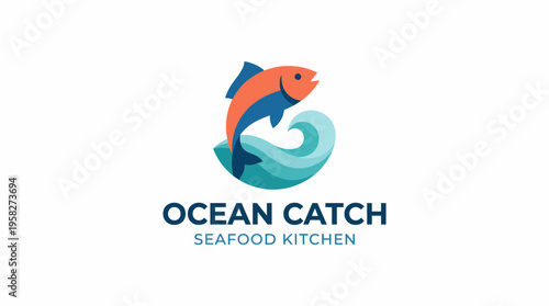 This logo features a vibrant fish leaping above waves, symbolizing freshness and the ocean's bounty. It's perfect for seafood restaurants and culinary brands.