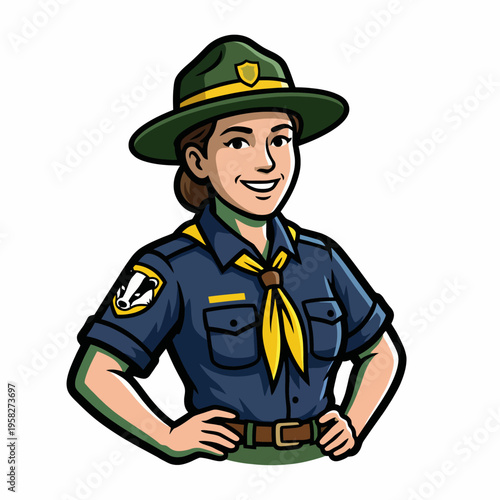 This image features a cheerful park ranger in a blue uniform with a green hat and scarf, embodying the spirit of outdoor adventures and nature conservation.