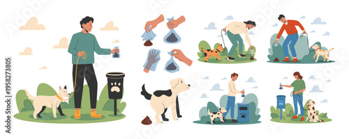 Dog poop. Character hand cleaning. Cute pet, people on street. Animal in clean park. Bag plastic for puppy excrement. Pick up after walk. Vector garish cartoon flat style isolated illustration set