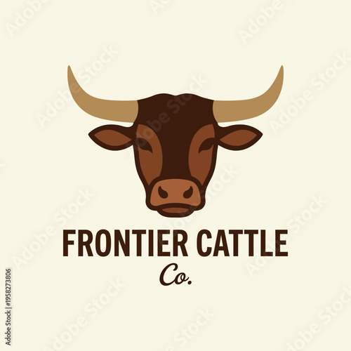 A minimalist logo featuring a strong cattle head with horns, representing a frontier cattle company that captures livestock heritage and the essence of agriculture in a bold design.