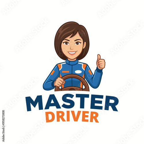 A dynamic illustration of a confident female driver in a racing outfit, showcasing excitement and skill while holding a steering wheel, representing empowerment and enthusiasm in automotive sports.