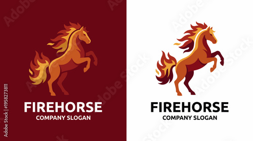 A bold logo of a fiery horse in two color variations, symbolizing strength and power, ideal for branding in equine businesses or adventures, demonstrated with striking artistic flair.