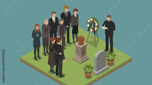 A respectful illustration capturing a solemn funeral gathering, with grieving attendees and floral tributes, conveying themes of loss, remembrance, and the communal nature of grief.