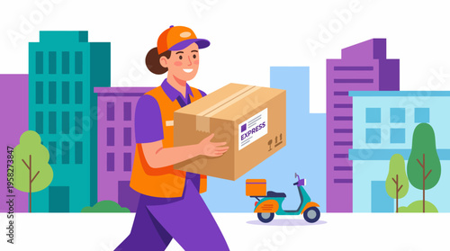 A cheerful delivery person carrying a package on a city street with modern buildings, ideal for logistics, e-commerce, or delivery service representations.
