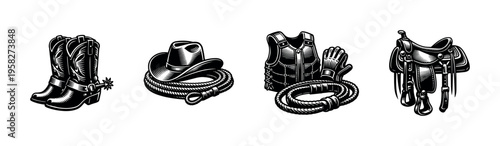 Western cowboy gear vector illustration set, including boots, hat, vest, and saddle in black and white silhouette